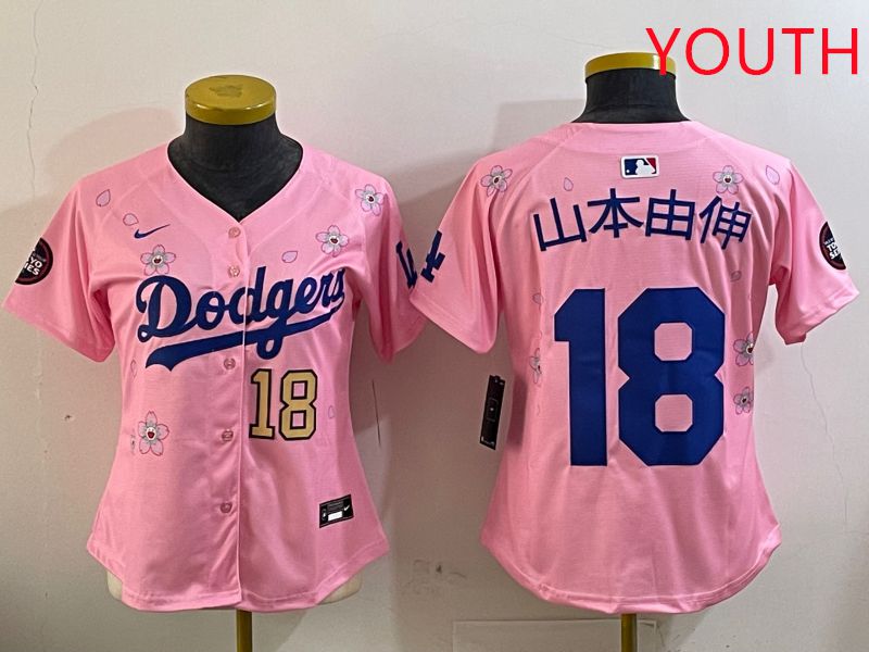 Youth Los Angeles Dodgers #18 Yamamoto Pink Sakura Edition 2025 Nike MLB Jersey style 9->youth mlb jersey->Youth Jersey
